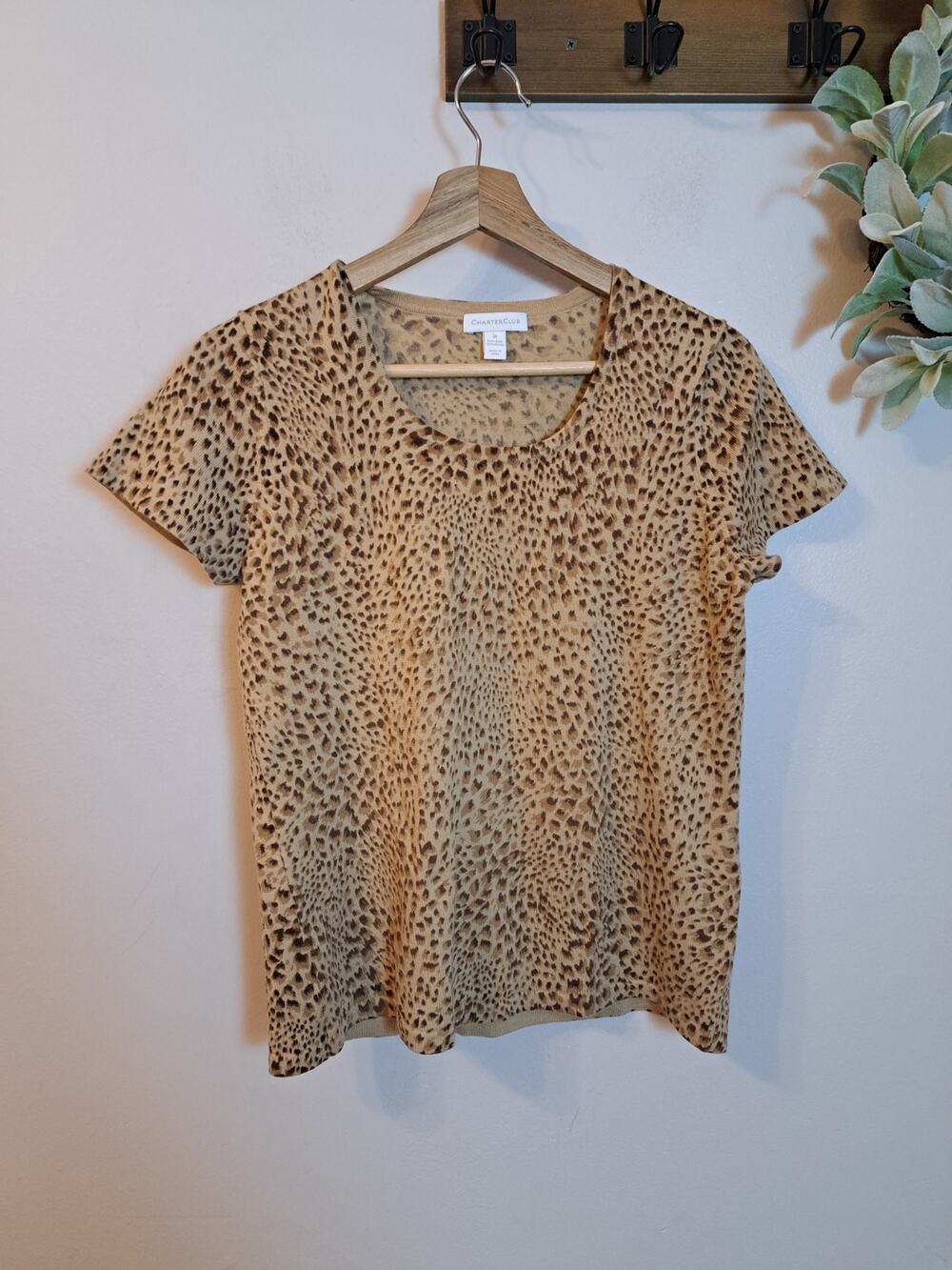 Charter Club Women's Cheetah Print Short Sleeve Wool Blend Blouse M